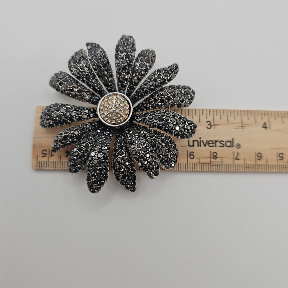 Floral‎ Rhinestone Brooch Pin Dark Silver Tone Daisy Statement 2.75" Sparkle - Picture 12 of 13